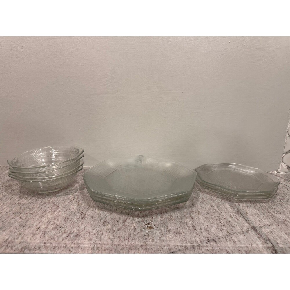 Vintage Clear Octagonal Textured Glass Dinnerware Set - Plates & Bowls